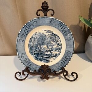 Royal China Ironstone Blue White Winter Scene Transferware Plate Made in USA 10"